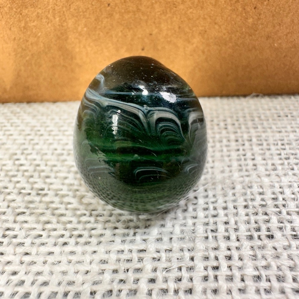 Hand Blown Green Swirl Art Glass Egg Mini Paperweight 1" Malachite Style